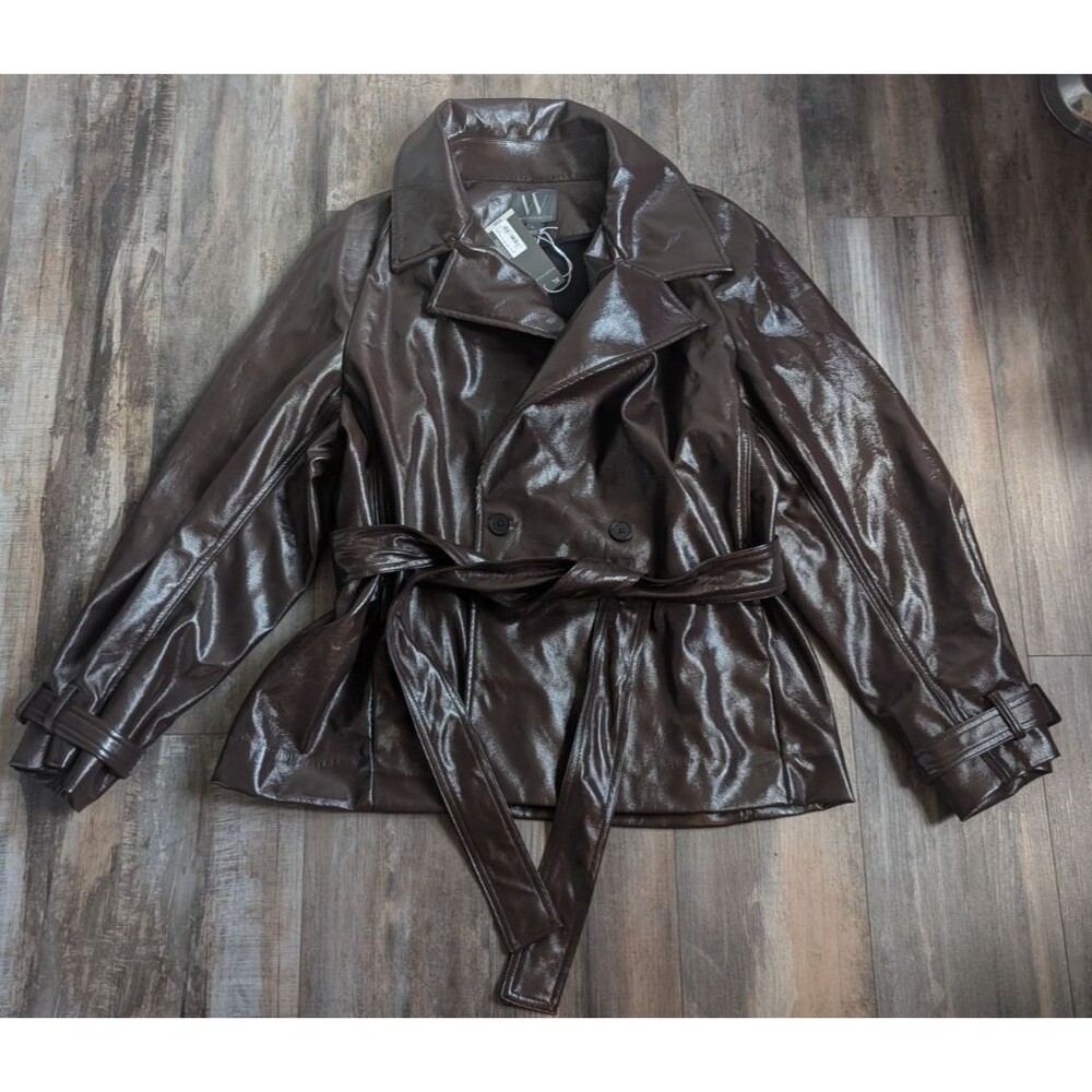 Worthington Midweight Faux Leather Belted Trench Coat Chocolate Plum Women's XL